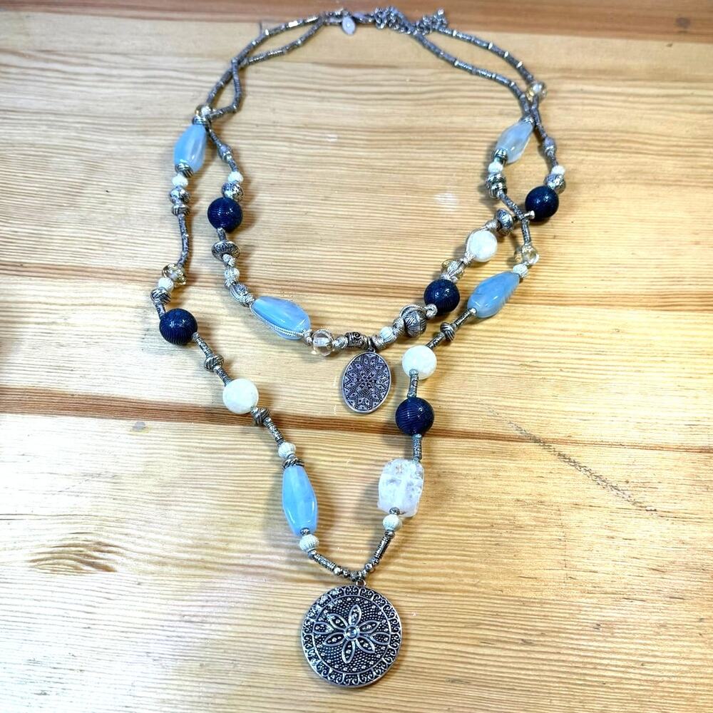 Chico’s Blue White Beaded Multi Strand Floral Medallion Statement Necklace